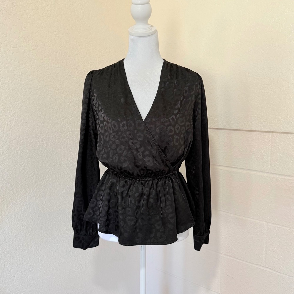 Self Esteem Peplum Top Womens Medium Black Leopard Jacquard Gothic Office Casual